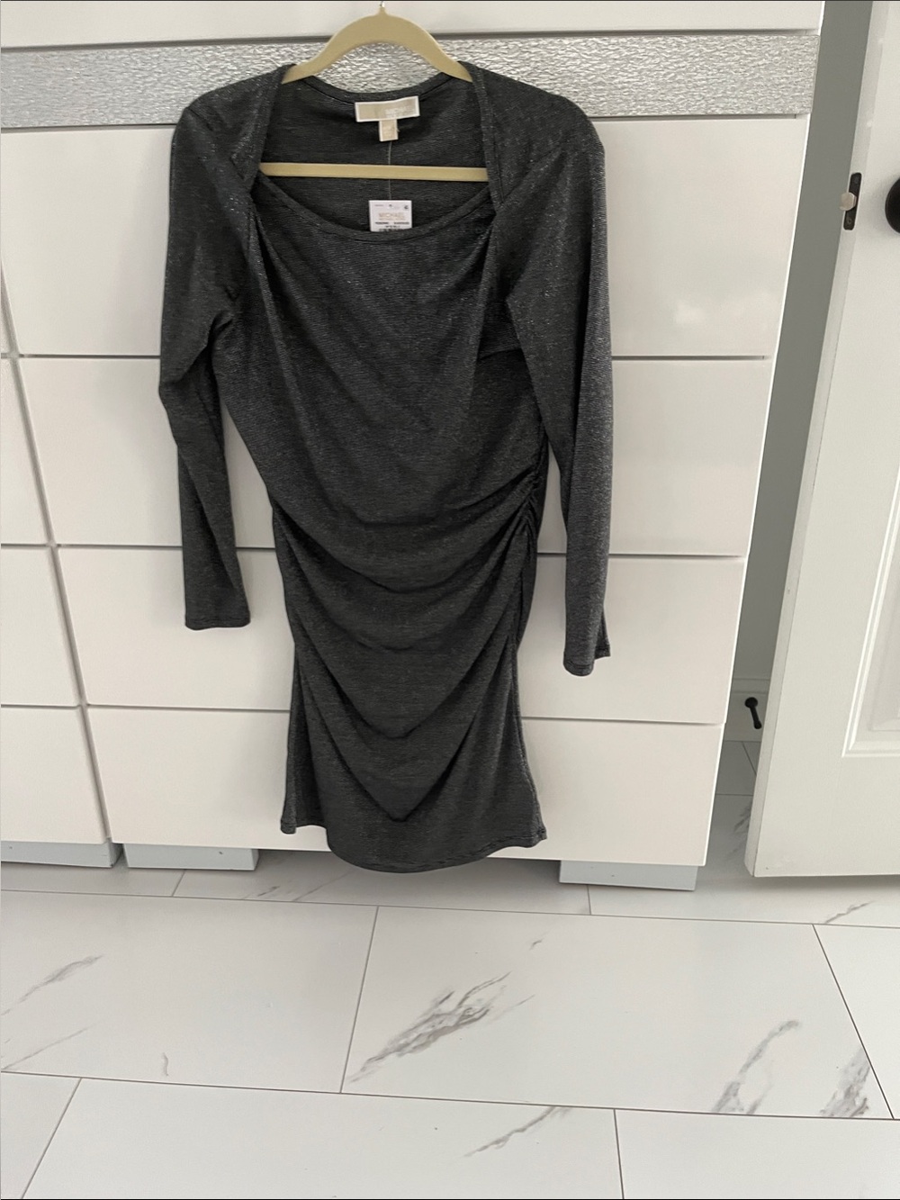 Michael Kors Charcoal Sparkle Long Sleeve Ruched Dress